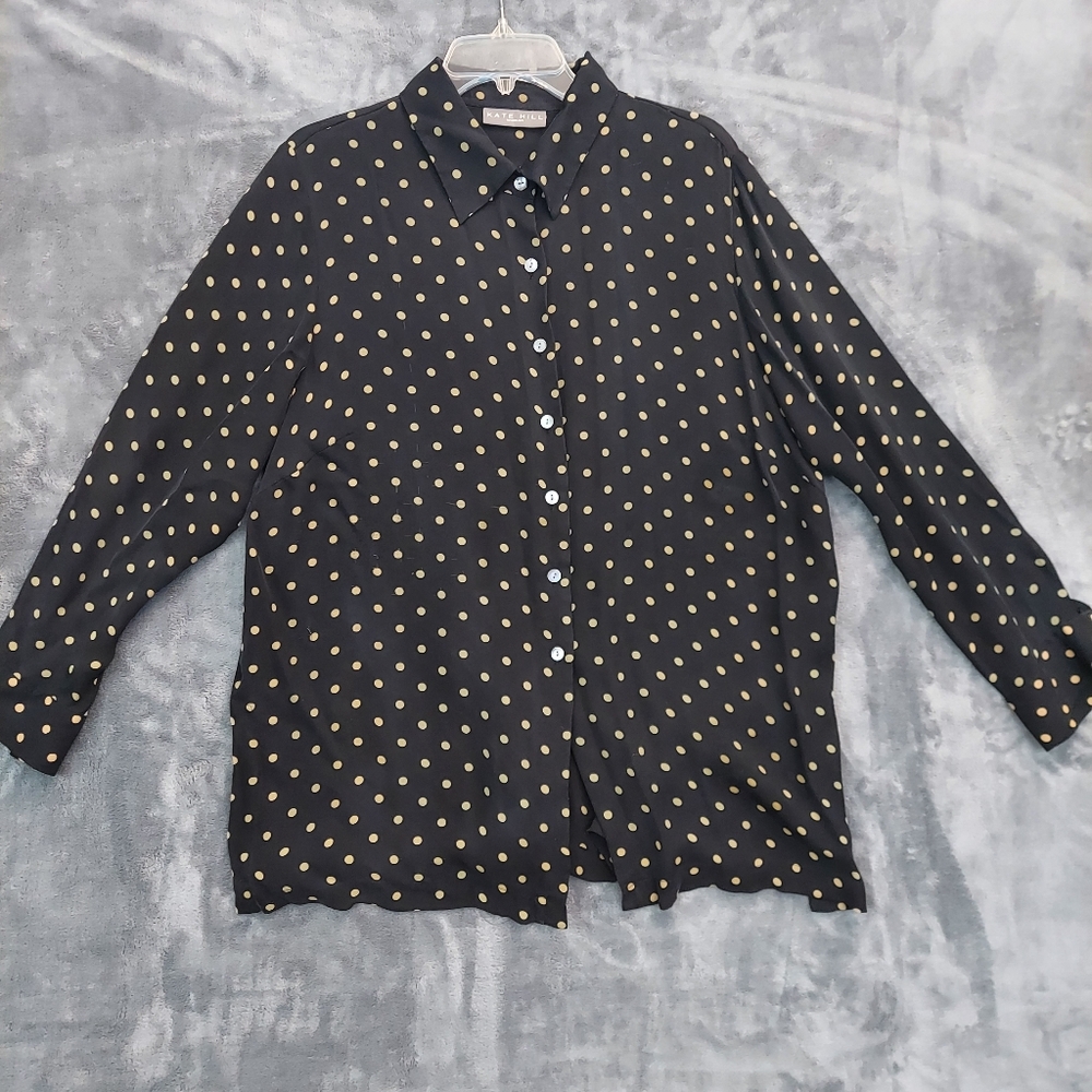 Silk Long Sleeve Button-Up Shirt, Black and Gold Polka Dot, Plus Size 16W